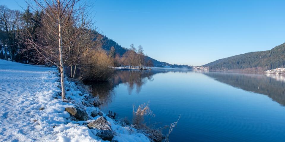Lac entouré de montagnes et de forêts enneigées dans les Vosges