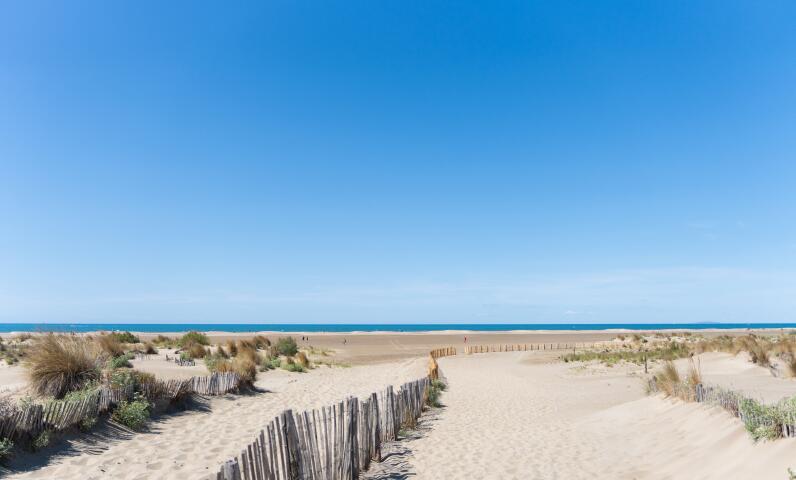 Het wilde strand van l'Espiguette met duinen en een mediterrane skyline