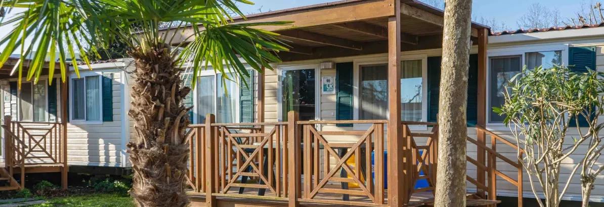 Stacaravan op een camping in een bosrijke omgeving